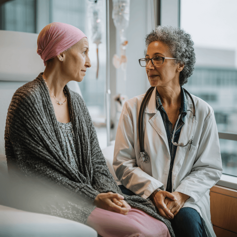 Cancer Patient with Doctor, sitting next to a window