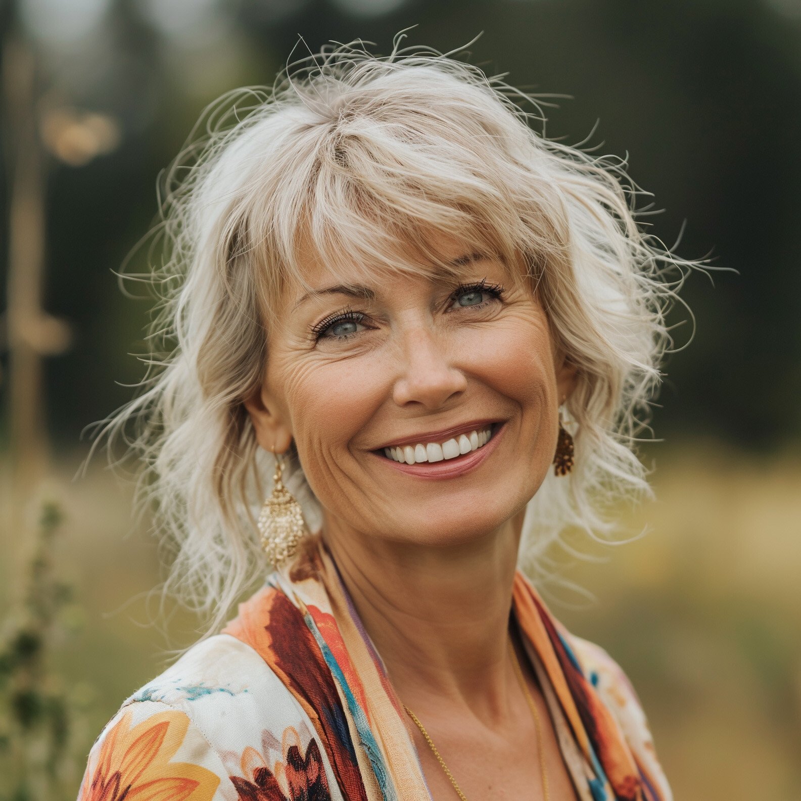 Female cancer patient, posing in a sunlit field
