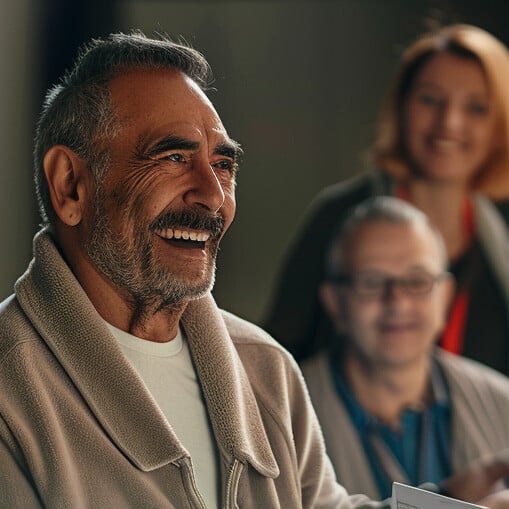 Male Cancer Can't sponsor smiling at an event